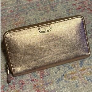 FOSSIL Soft Metallic Rose Gold Leather Zip Long Wallet Cardholder